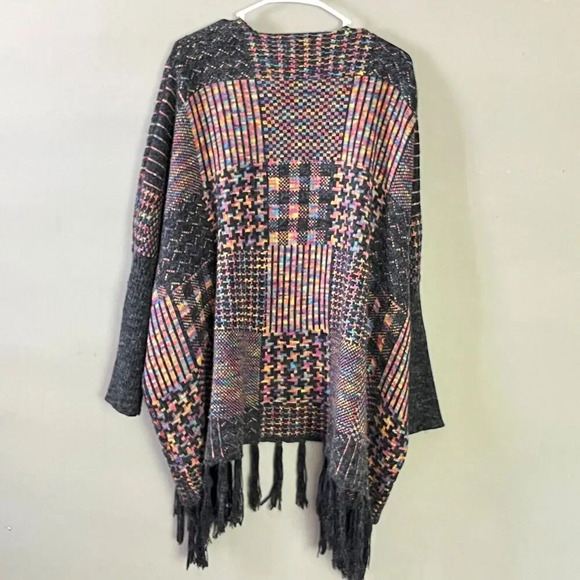 Dreamers Womens Open Front Cardigan Size M Patchwork Fringe Trim Boho Artsy Boho - Picture 6 of 10